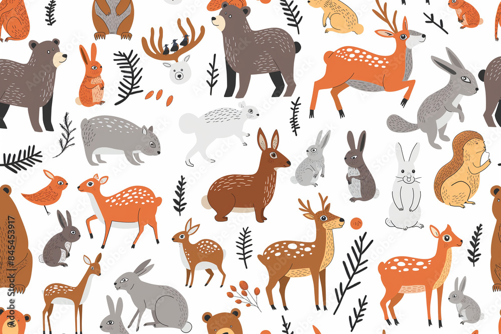 Fototapeta premium pattern with animals, Vector seamless pattern with hand-drawn wild forest animals. 