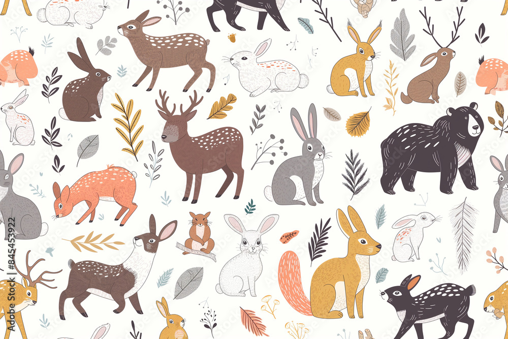 seamless pattern with animals, Vector seamless pattern with hand-drawn wild forest animals. seamless pattern with animals, Vector seamless pattern with hand-drawn wild forest animals.