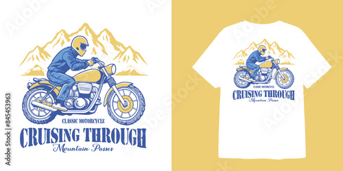 Vintage style classic motorcycle illustration design with text cruising through mountain passes for t shirt design photo