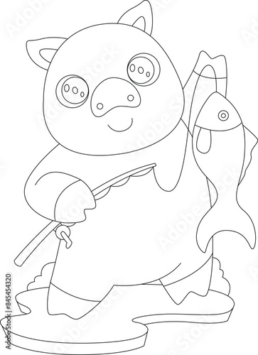 Pig Fisher Fishing rod Fishing Animal Vector Graphic Art Illustration