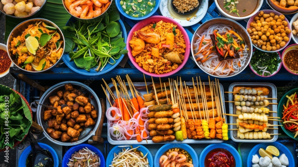 High-angle view of a colorful spread of traditional Thai street food, including pad thai, som tam, and satay High-angle view of a colorful spread of traditional Thai street food, including pad thai, som tam, and satay