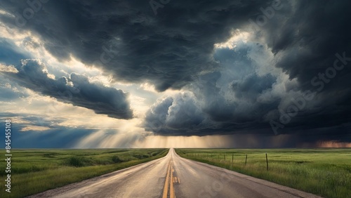 Dramatic storm clouds over a country road, perfect for powerful book covers and gripping environmental posters photo