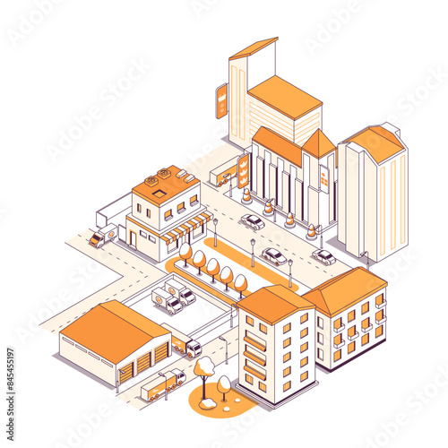 Residential developing city - vector isometric illustration. Street with residential buildings, shops, business and mall center, parking, warehouse, next to which there is a truck, highway and cars