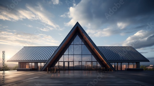 Modern A-Frame House with Large Glass Windows and Wooden Deck at Sunset, Showcasing Contemporary Architecture and Scenic Views