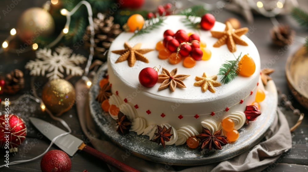 High-angle view of a decorative Christmas cake with marzipan fruits and festive decorations High-angle view of a decorative Christmas cake with marzipan fruits and festive decorations
