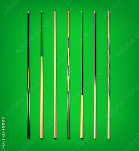 Billiard cues on green background. Snooker sports equipment. Vintage pool cue. Vector