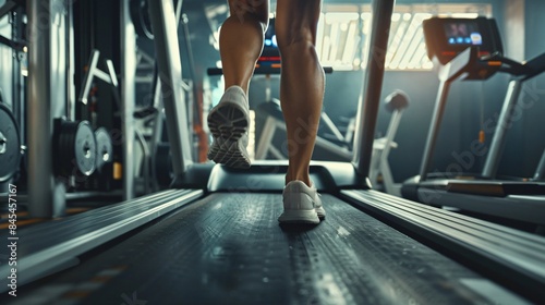 feet of a person running on a treadmill in a gym. wearing athletic shoes, creating a sense of motion and intensity.