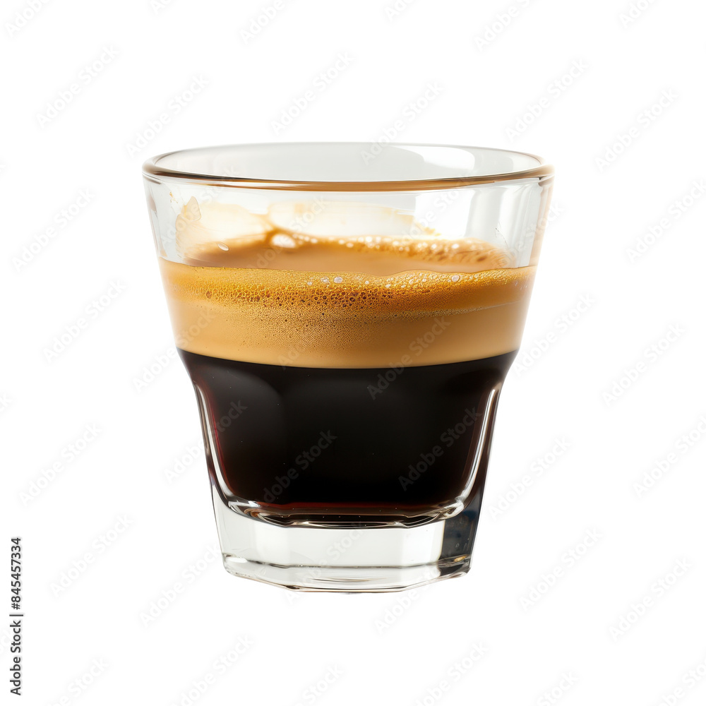 A close-up shot of a glass of espresso with a rich crema on top, set against a white background.