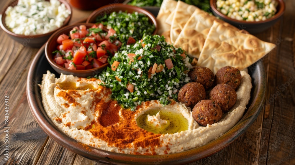 High-angle view of a Mediterranean mezze platter featuring hummus, falafel, tabbouleh, and pita bread High-angle view of a Mediterranean mezze platter featuring hummus, falafel, tabbouleh, and pita bread