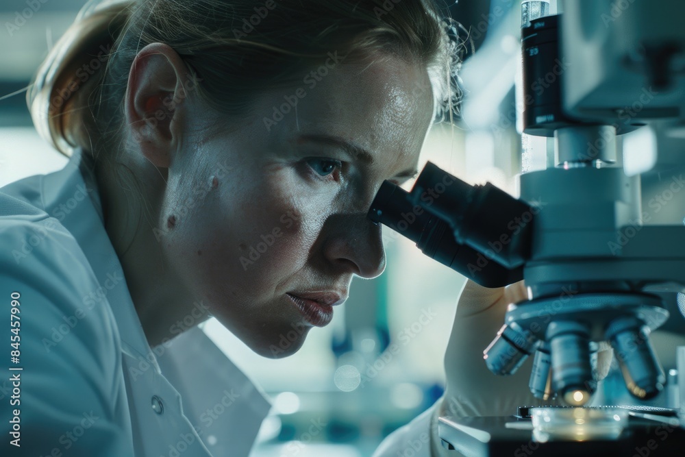 Caucasian female scientist analyzes samples in advanced pharma lab. Caucasian female scientist analyzes samples in advanced pharma lab.