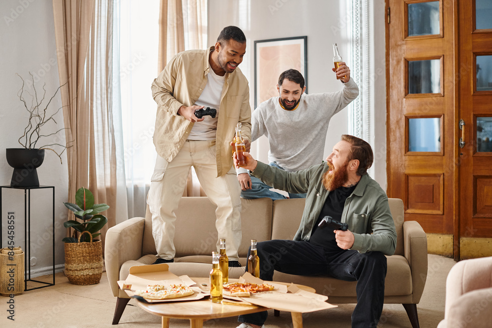 Φωτογραφία Three cheerful, interracial men in casual attire stand together in a living room, radiating positive energy and strong friendship