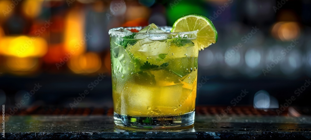 Cocktail Caipiroska with dark background side view free space for text food photography texture. Caipiroska Cocktail in restaurant postcard image texture banner postcard horizontal.