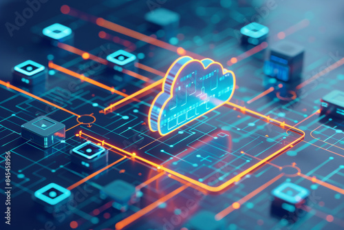 An abstract representation of cloud storage, with a cloud icon connected to multiple hard drives or digital data streams 