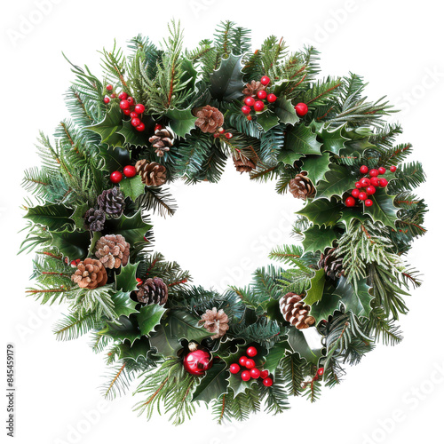 Festive Christmas wreath decorated with pinecones, holly, and berries, perfect for holiday decoration and festive ambiance.