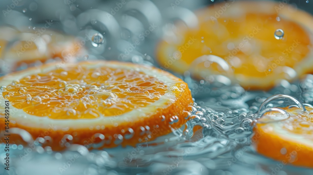 Vibrant orange slices submerged in water, creating dynamic splashes, captured in stunning detail. Vibrant orange slices submerged in water, creating dynamic splashes, captured in stunning detail.