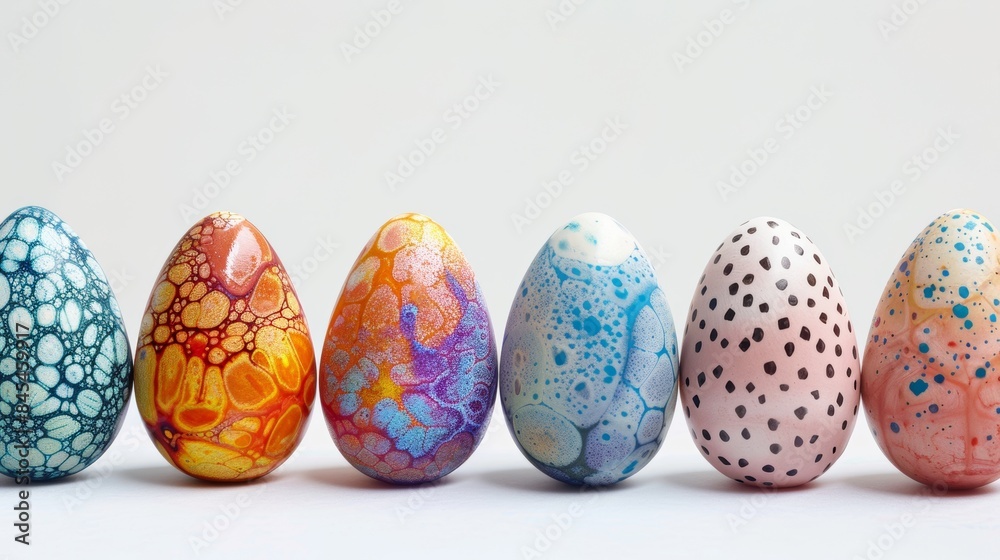 A row of beautifully decorated Easter eggs in soft pastel colors adorned with intricate floral patterns. A row of beautifully decorated Easter eggs in soft pastel colors adorned with intricate floral patterns.