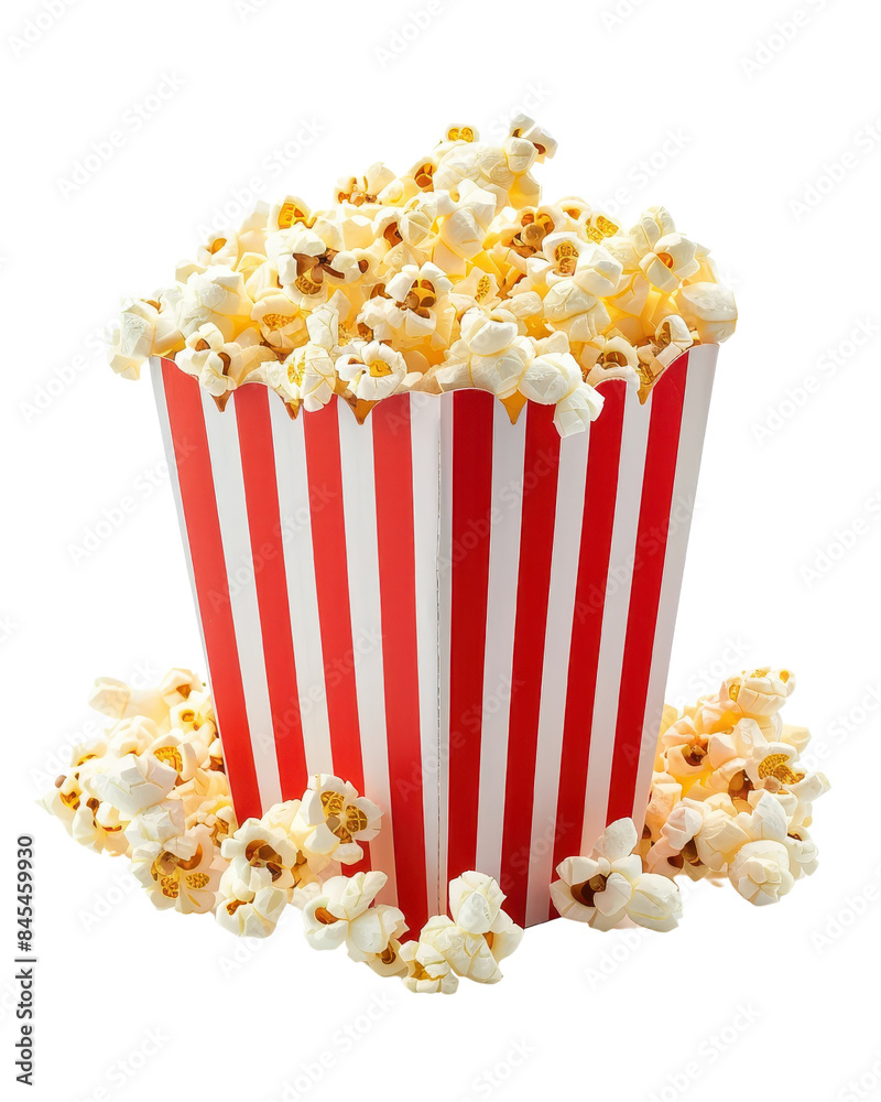Large striped bucket filled with freshly popped popcorn, perfect for movie nights, isolated on a white background. Large striped bucket filled with freshly popped popcorn, perfect for movie nights, isolated on a white background.
