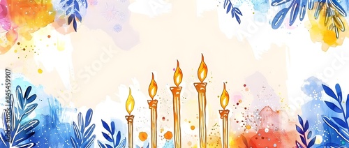 Hanukkah Background with Watercolor Doodle Border and Glowing Menorah Candles Dreidels and Latkes photo