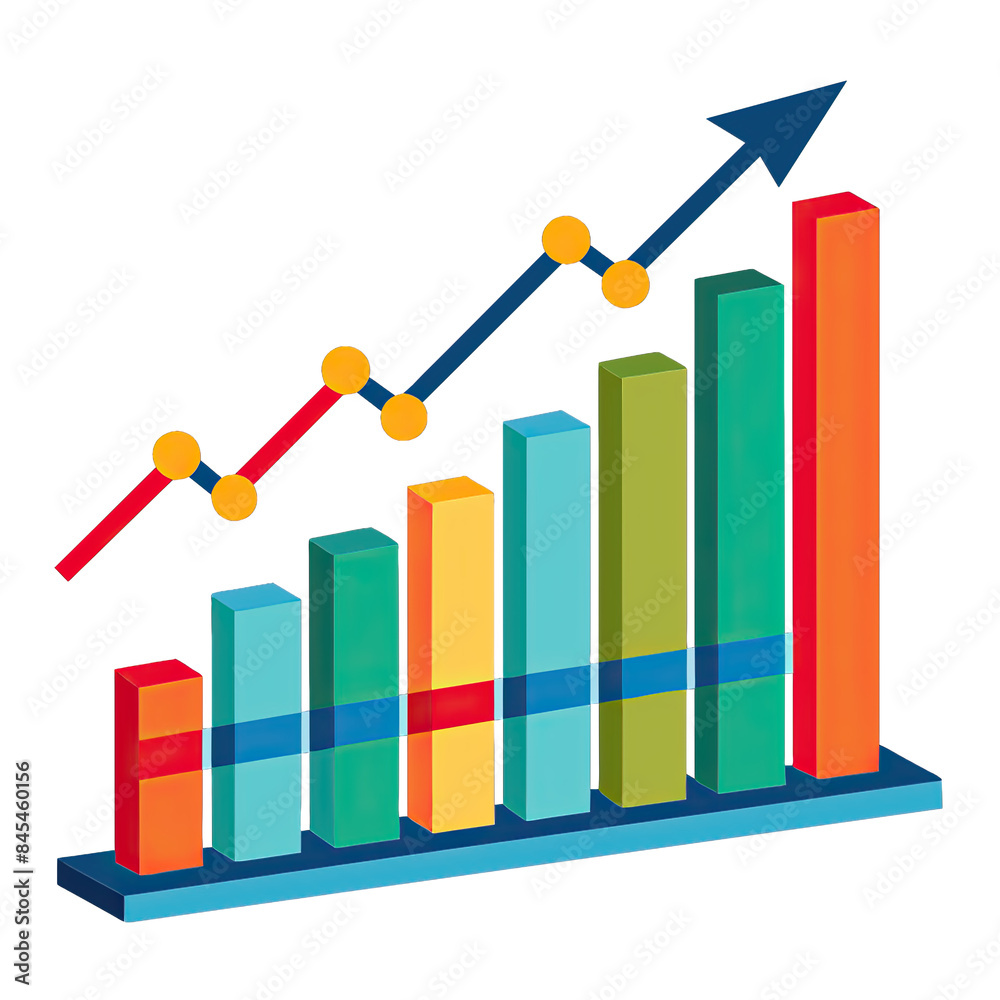 An illustrative 3D bar graph with an upward trending line chart, showing economic growth over time. The graph features colorful bars and a blue line with yellow markers. Generative AI An illustrative 3D bar graph with an upward trending line chart, showing economic growth over time. The graph features colorful bars and a blue line with yellow markers. Generative AI