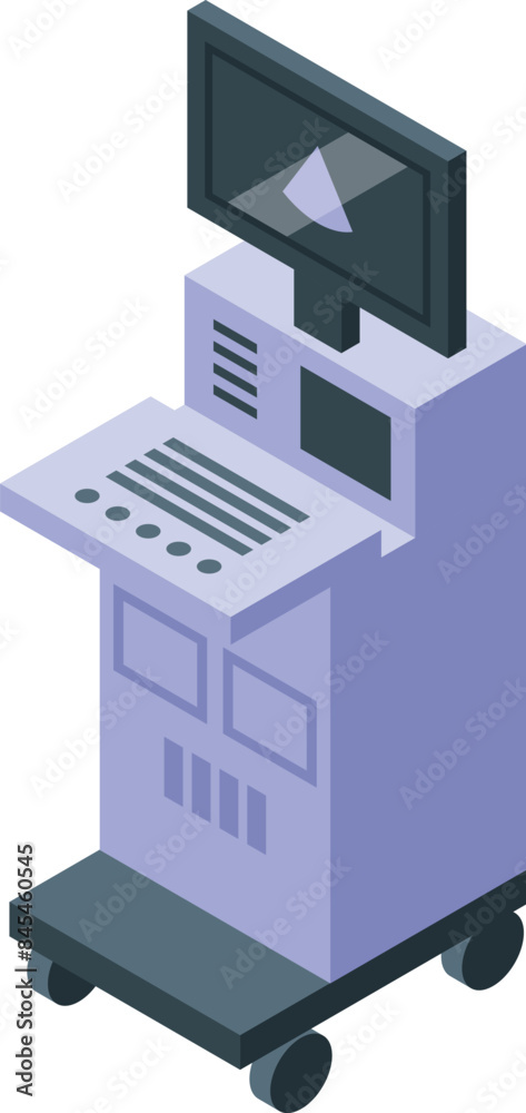 Modern medical ultrasound machine standing on wheels with display showing ultrasound scan results in clinic office Modern medical ultrasound machine standing on wheels with display showing ultrasound scan results in clinic office