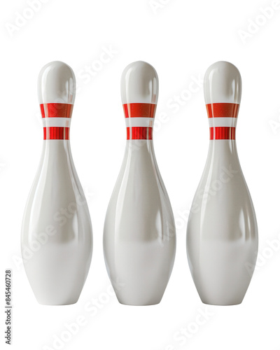 Three white bowling pins with red stripes standing upright on a white background, isolated and ready for a game of bowling.