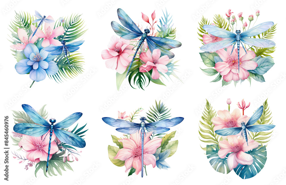 An illustration of six blue dragonflies resting on a variety of pink and blue flowers with green leaves in a watercolor style An illustration of six blue dragonflies resting on a variety of pink and blue flowers with green leaves in a watercolor style