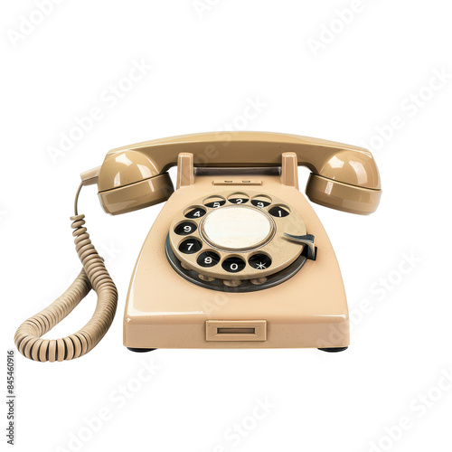 Vintage beige rotary dial telephone isolated on white background. Classic retro communication device with coiled cord.
