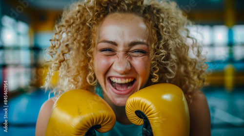 Curly blond hair woman with blue eyes in a boxing gym wearing yellow boxing gloves © KEA