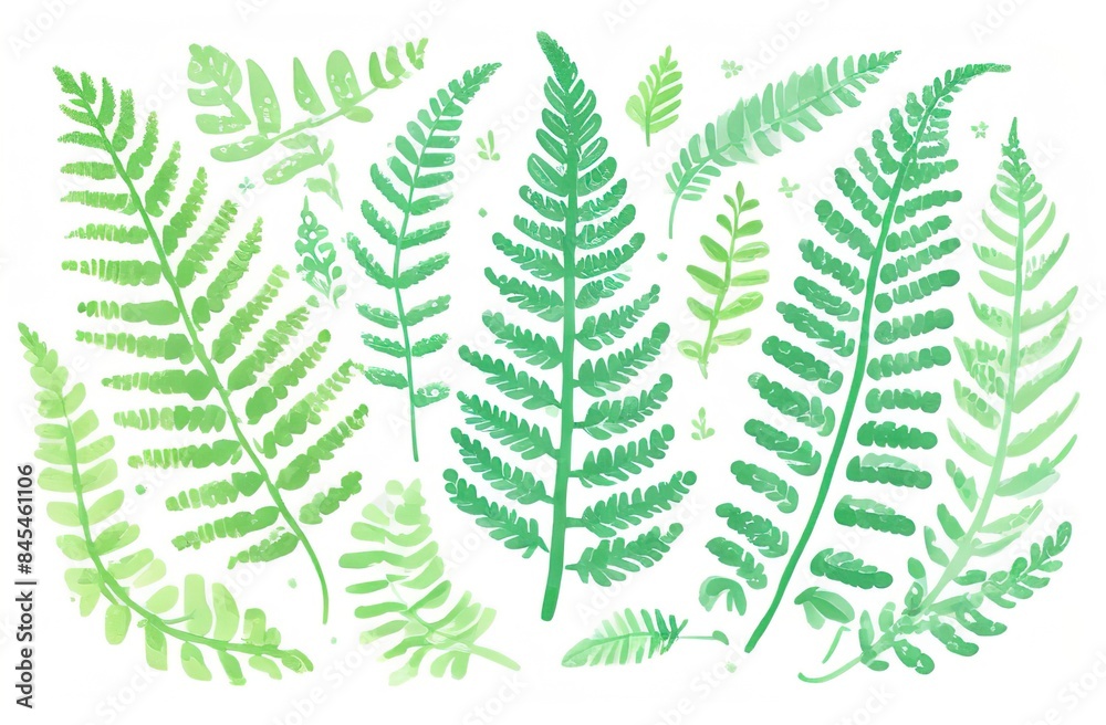 Watercolor painting of green fern leaves, palm leaves on a white background.Watercolor hand-painted Tropical Exotic Leaves for Vintage Hawaiian Style Wallpaper