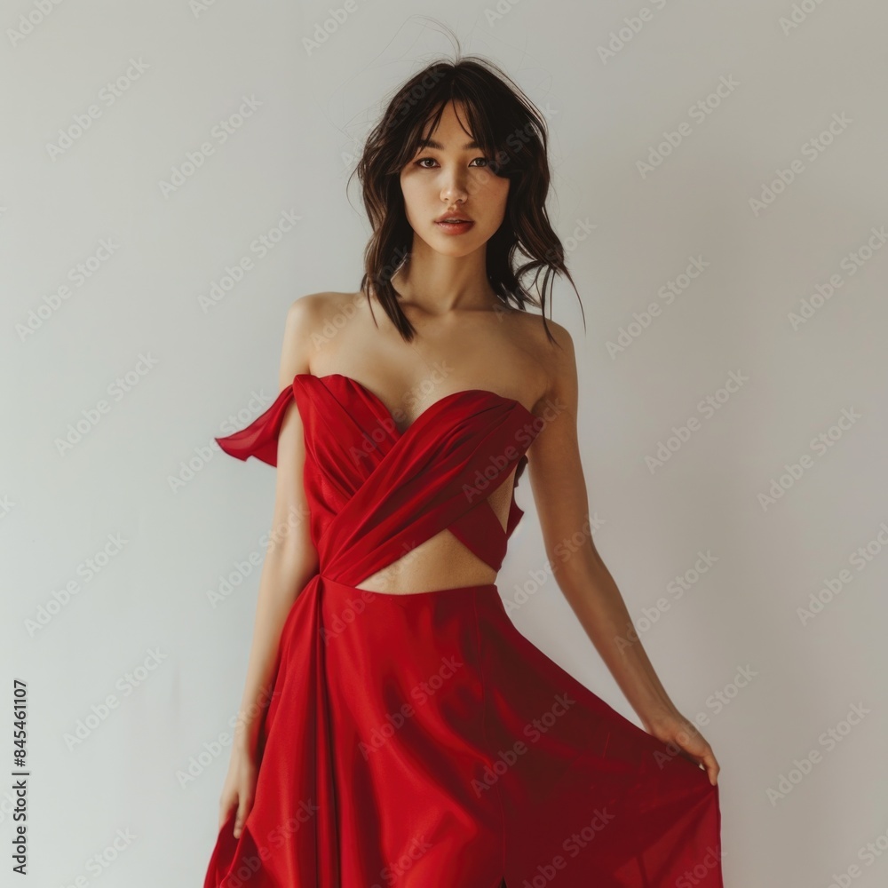 Elegant Asian Woman in Red Evening Gown Posing Serenely Elegant Asian Woman in Red Evening Gown Posing Serenely