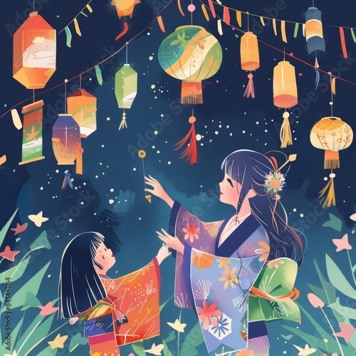 Vibrant Tanabata festival illustration with colorful streamers, Japanese text, and fireworks on a blue sky background. photo