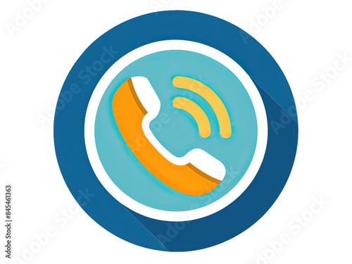 An isolated image of a phone receiver icon inside a circle. The icon is in a flat design style and has a blue outer ring with a white outline and drop shadow. The receiver is orange and has a white ou