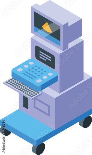 Medical ultrasound machine standing on wheels with buttons and display for examining patients