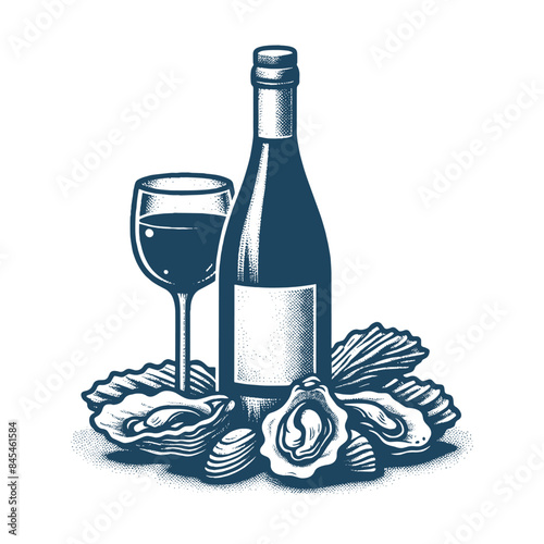 Oysters wnd wine. vintage blue engraving illustration. isolated object. Icon, logo, emblem.