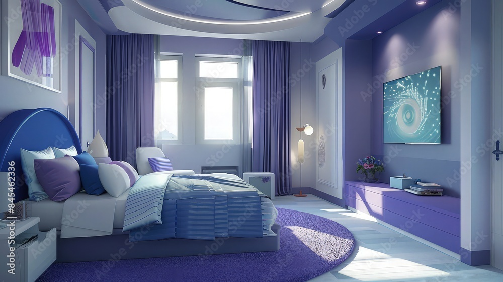Fototapeta premium Stylish blue and purple teenagers bedroom interior.