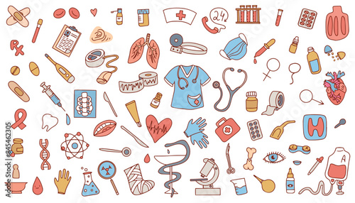 Set of medical products, medicines, clothes, first aid kit in doodle style. Vector illustration