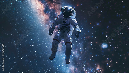 a futuristic astronaut in floating with milky way in the background