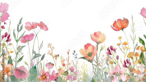 Fototapeta Naklejka Na Ścianę i Meble -  Watercolor floral border on white backdrop with pink and orange wild flowers plants and foliage