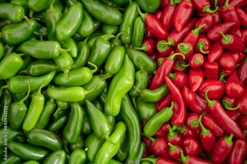 The farmers market is overflowing with fresh green and red jalapeno peppers in abundance The farmers market is overflowing with fresh green and red jalapeno peppers in abundance