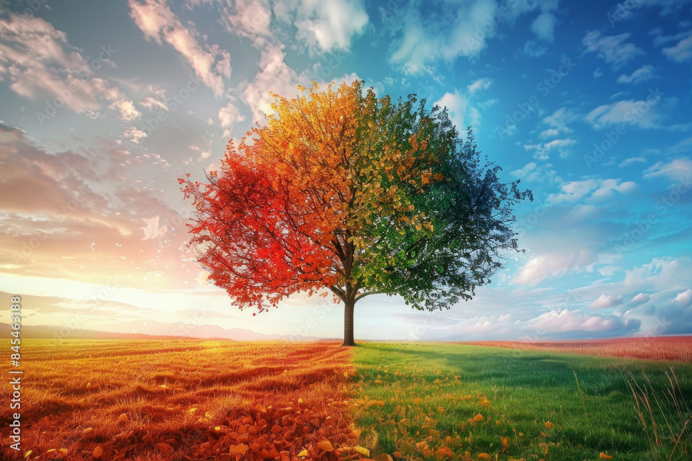 A tree with leaves changing colors, going through the cycle of life from green to vibrant autumn hues, representing change and the inevitability of transformation A tree with leaves changing colors, going through the cycle of life from green to vibrant autumn hues, representing change and the inevitability of transformation