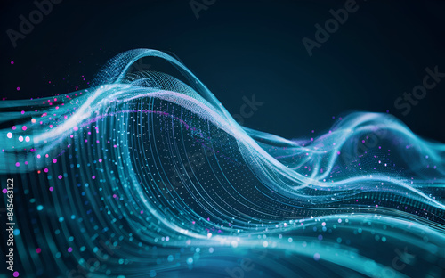 Abstract wave with moving dots and lines. Flow of particles. Cyber technology illustration.