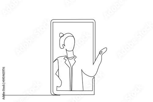mobile phone application therapy support greet woman technology one line art design vector