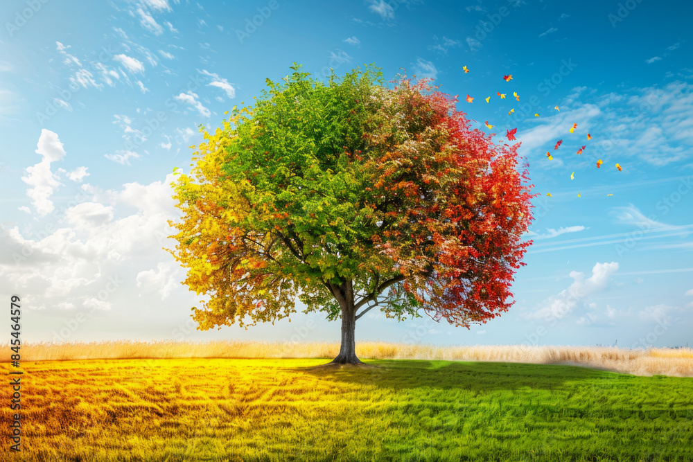 A tree with leaves changing colors, going through the cycle of life from green to vibrant autumn hues, representing change and the inevitability of transformation A tree with leaves changing colors, going through the cycle of life from green to vibrant autumn hues, representing change and the inevitability of transformation