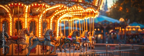 A whimsical carousel with illuminated horses, set against the backdrop of an amusement park at dusk