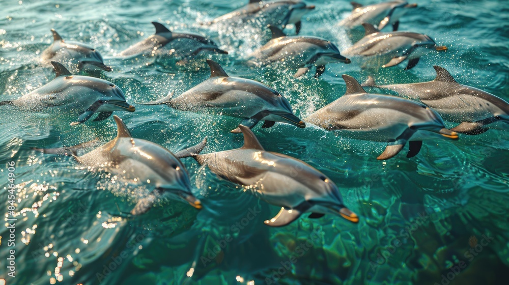 Obraz premium Aerial view of the dolphins slowly swimming in crystal clear calm turquoise waters. Big group of endemic marine mammals migrating along coastline as seen 