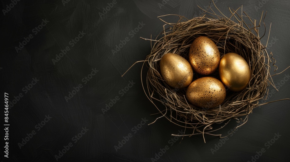 Golden eggs in a nest on dark background with copy space Golden eggs in a nest on dark background with copy space