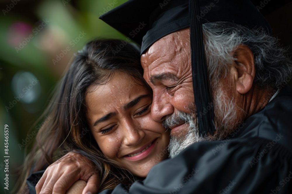 Fototapeta premium Emotional graduate in cap and gown hugging a proud parent, joyful tears, graduation celebration