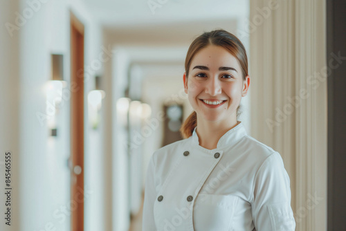 Portrait of a smiling female chef showcasing her professionalism in the culinary field photo