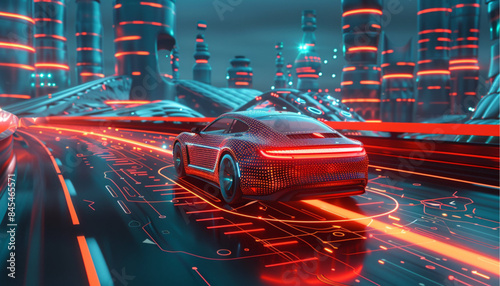 Autonomous car with touch sensors in a futuristic style. A smart vehicle with motion sensors for safe driving. Vector illustration of a holographic transport