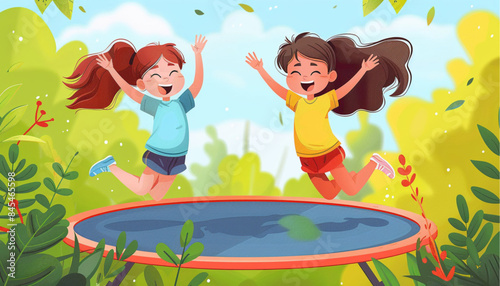 Smiling children jumping on trampoline